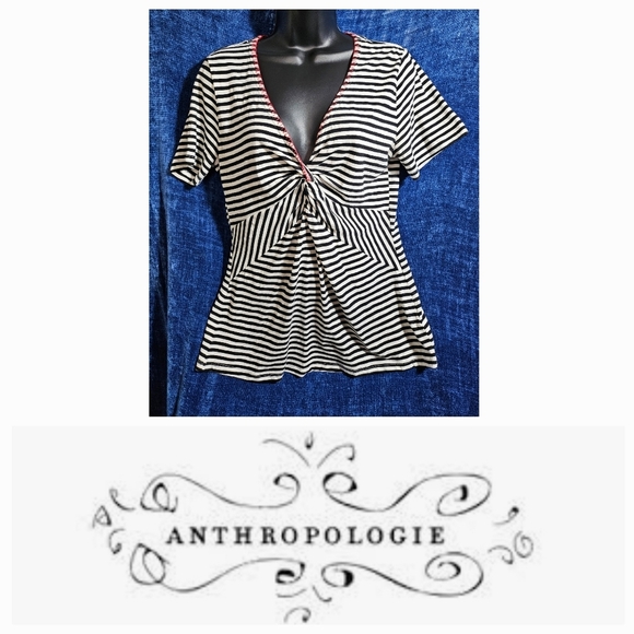 Anthropologie ett:wa Black White Striped Short Sleeve Blouse Medium - Picture 2 of 8